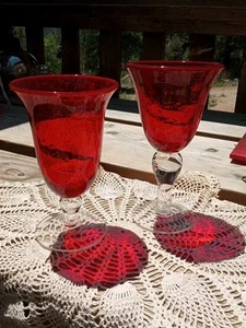2 vasos de burbuja rojo rubí soplados a mano (1) vino (1) copa tallo transparente 8,25" y 7,25" - Imagen 1 de 12
