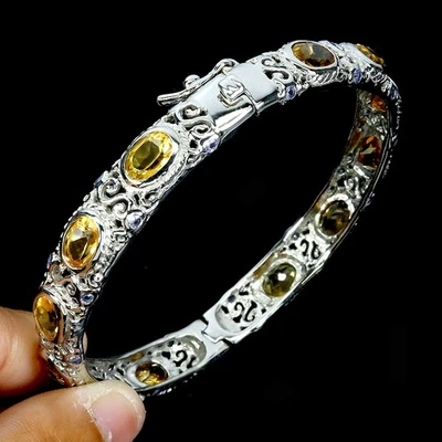 Brazalete de plata de ley 925 ovalado citrino 7x5 mm zafiro piedras preciosas joyería 6,2 pulgadas Foto 1 de 4