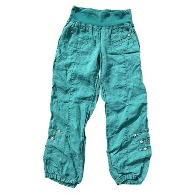 Womens Teal Linen Boho Baggy Pants With Waistband and Wooden Buttons XS/S - Image 1 of 4