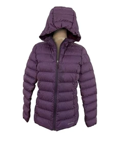 Abrigo acolchado de plumón para mujer Eddie Bauer púrpura con capucha empaquetable talla M invierno Gorpcore - Imagen 1 de 10