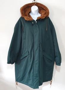 Oliver Bonas Faux Fur Hood Green Parka Coat Jacket Womens L Large oversized - Picture 1 of 8