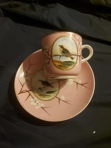 19thC Porcelain Teacup and Saucer, Hand Painted Bird Pink - Picture 1 of 6