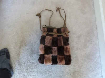 VTG 1970s Groovy BOHO Genuine Fur Brown Checkered Purse Shoulder Straps 13"x13" - Image 1 of 4