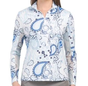 NWT Ladies GOTTEX Blue & White Paisley Golf Tennis Long Sleeve Mock M L & XL - Picture 1 of 1