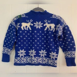 Garnet Hill Sweater Boys 14 Blue Wool Moose Snowflakes Ski Winter Read - Picture 1 of 5