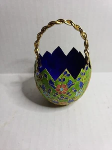 Cesto Cloisonné base uovo a forma di lime verde con fiori manico tono oro 4" T - Foto 1 di 7