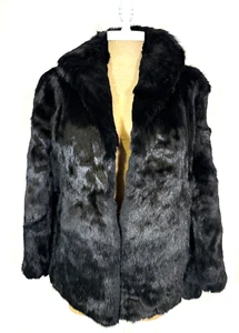 VTG Black Soft Plush Genuine Rabbit Fur Jacket Coat Pockets Buttons Women Sz L - Picture 1 of 18