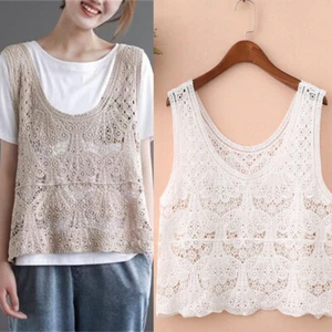 Gilet donna pizzo floreale maglia uncinetto canottiera scavata sciolto retrò - Foto 1 di 18