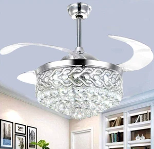 Elegant Sliver Crystal LED Chandelier Remote Invisible Blade Ceiling Fan Light - Picture 1 of 18