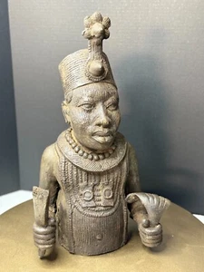 Benin Style Bronze Oba Warrior King Bust Statue - 16" African Tribal Art - Picture 1 of 24