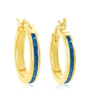 Sterling Silver Blue Inlay Opal Hoop Earrings - Picture 1 of 1
