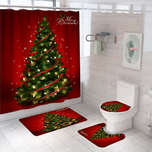 Christmas Tree Bathroom Rug Set Shower Curtain Soft Toilet Lid Cover Bath Mat