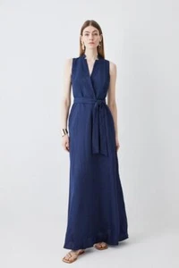 BNWT KAREN MILLEN LINEN WRAP TIE WAISTED MAXI DRESS NAVY Sz:8 RRP £249 - Picture 1 of 5