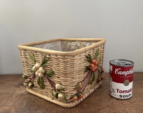 Vintage BOHO Woven Straw Basket with Raffia Embroidered Flowers Cover
