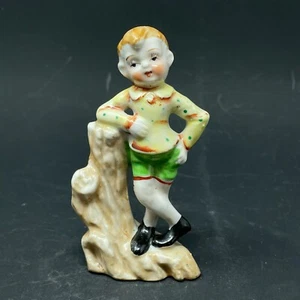 Boy Leaning Against Tree Stump Figurine Hand Painted in Japan - Vintage - Picture 1 of 6
