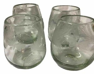 Hand Blown Etched Floral Butterfly Recycled Glass Light Green Candle Holder (1) - Picture 1 of 13
