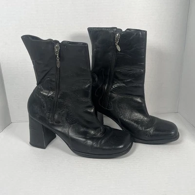 Botas de motociclista Harley Davidson talla 8,5 de cuero negro con tacón bloque de llama abrasador para mujer Foto 1 de 4