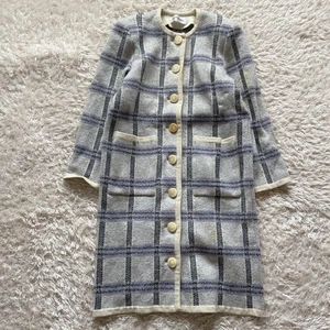 Yves Saint Laurent Blue Gray Check Knit Coat, Collarless, Medium, Long - Picture 1 of 24