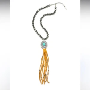 Cowgirl Confetti Turquoise and Orange Leather Navajo Beaded Necklace - worn once - Imagen 1 de 8