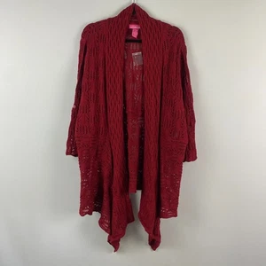 Woman Within Cardigan Sweater Size 1X Red 3/4 Sleeves Crochet Open Knit - Picture 1 of 9