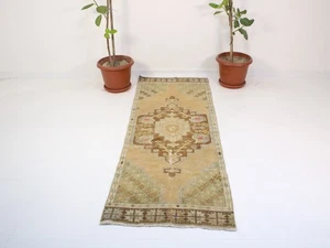 Vintage 2.5x6.8 ft Beige Brown Turkish Runner Rug – Handmade Oushak Wool Carpet - Picture 1 of 10