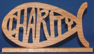 Charity Fish w/ Base - Freestanding Hand Cut Oak Plaque - Picture 1 of 1
