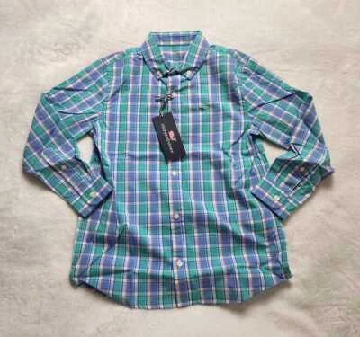 New boys 2T 3T S 7 Vineyard Vines stretch cotton plaid shirt Aquinnah Aqua - Image 1 of 4