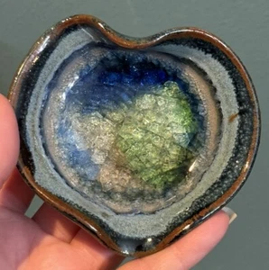 Art Pottery Glazed Heart Ring Trinket Dish W/ Crackle Glass Made In The USA - Picture 1 of 7