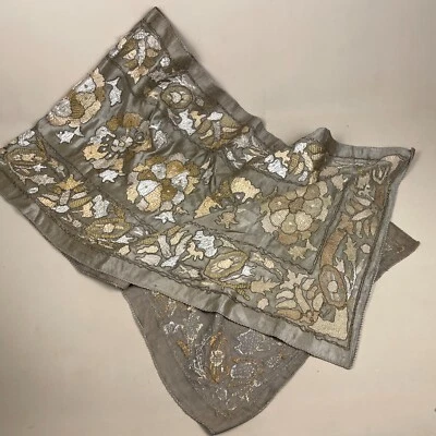 Antique Hand Embroidered Table Runner Furniture Cover Silk Vintage 50x164cm - Image 1 of 4