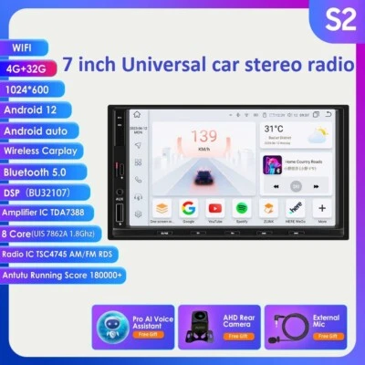 7" 2 Din Android 12 Universal Car Stereo CarPlay GPS Radio WiFi Player 4+32G AUX - Image 1 of 4