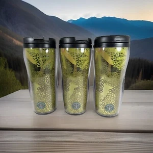 Starbucks Reisebecher 3er Set Grün Gelb Gold Folie Floral Selten Schwarz Deckel - Bild 1 von 13