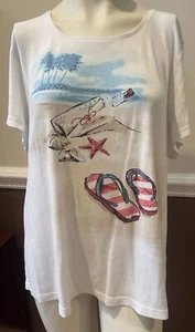 Karen Scott Woman Beach Scene SS White Embellished T-Shirt Sz 2X Flip Flops Bead - Picture 1 of 9