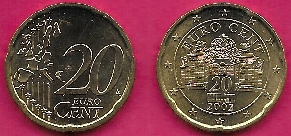 АВСТРИЙСКИЕ ДВОРЦОВЫЕ ВОРОТА 20 ЕВРОЦЕНТОВ 2002 UNC BELVEDERE, ОДНИ ИЗ САМЫХ КРАСИВЫХ ba - Изображение 1 из 1