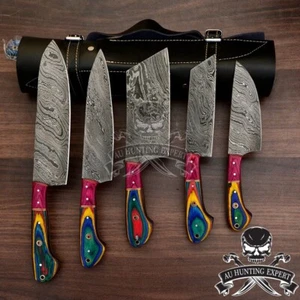 Handmade Damascus Steel Knife Set Of 5pcs With Leather Cover Chef Knives Set AU - Picture 1 of 5