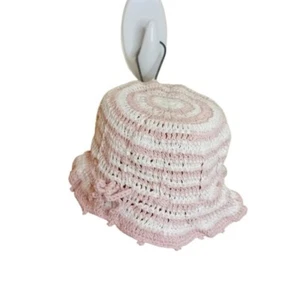 Handmade Infant Baby Girl's Baby Knitted Pink White Bucket Hat W Bow - Picture 1 of 6