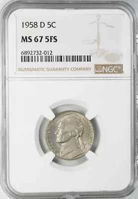 1958 D JEFFERSON NICKEL 5C NGC CERTIFIED MS 67 5FS MINT UNC - FULL STEPS (012) - Image 1 of 4