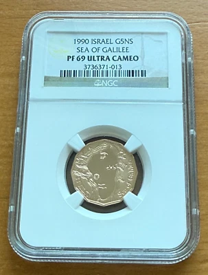 Israel 1990 Ouro 1/4 oz 5 Novos Sheqalim NGC PF69UC Mar da Galileia - Imagem 1 de 2