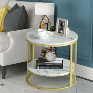 Round 2Tier Marble Side Table Coffee Tea End Table Sofa Bedside Living Room Gold - Picture 1 of 12