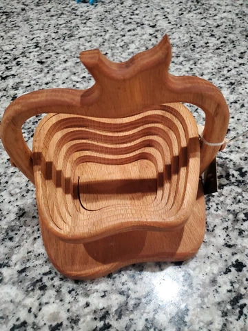 Vintage Collapsable wooden Apple Shape Basket 7.5” Tall And 8” Wide Solid Wood Cover