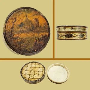 RARA CAJA DE TABACO TALLADA ANTIGUA PINTADA A MANO SIGLO XVIII PICTÓRICA FRANCESA 2,25" - Imagen 1 de 17