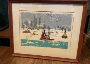 Mid Century Ronald Julius Christensen NYC Serigraphie "Busy Harbor" - Bild 1 von 7