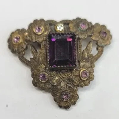 Antigua bufanda dorada o clip de piel piedras blancas y moradas de 1 pulgada por 1,5 pulgadas Foto 1 de 4