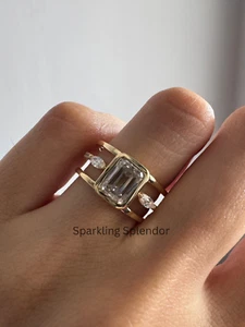 Emerald & Marquise Cut Three Stone Wedding Ring Bezel Set Moissanite Her Jewelry - Picture 1 of 14