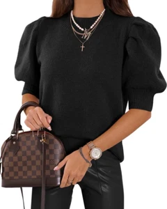 Women'S Puff Short Sleeve Sweater Tops 2025 Spring Summer Trendy Crew Neck Casua - Picture 1 of 12