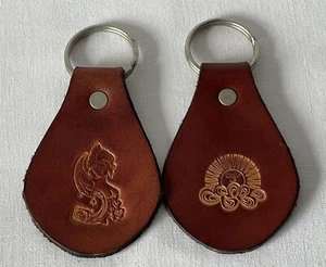 2 x Brown Leather Keyrings With Different Embossed Stamped Designs #M4 - Picture 1 of 6