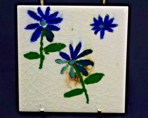Vintage Floral Art Tile - 4.25" Square - Blue Flowers - Hand Painted (695) - Picture 1 of 4