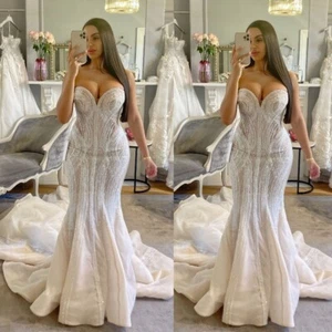 Light Champagne Mermaid Wedding Dresses Court Train Glitters Lace Bridal Gowns - Picture 1 of 10