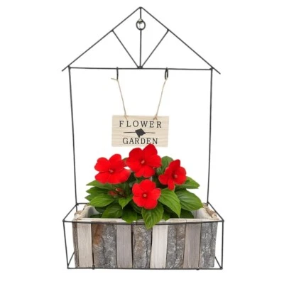 Rustic Wooden Wall Planter Flower Garden Box with Metal Frame 47x30cm HangingPot - Image 1 of 4