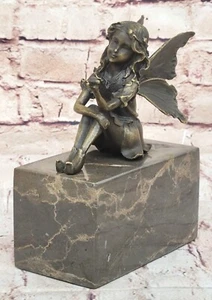 BABY FAIRY 100% BRONZE FANTASY ART NOUVEAU WINGED WOOD SCULPTURE STATUE ARTWORK - Picture 1 of 10