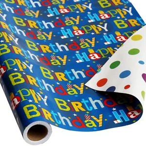 Reversible Happy Birthday Wrapping Paper Roll for Kids Boys Girls Birthday Gr... - Picture 1 of 9